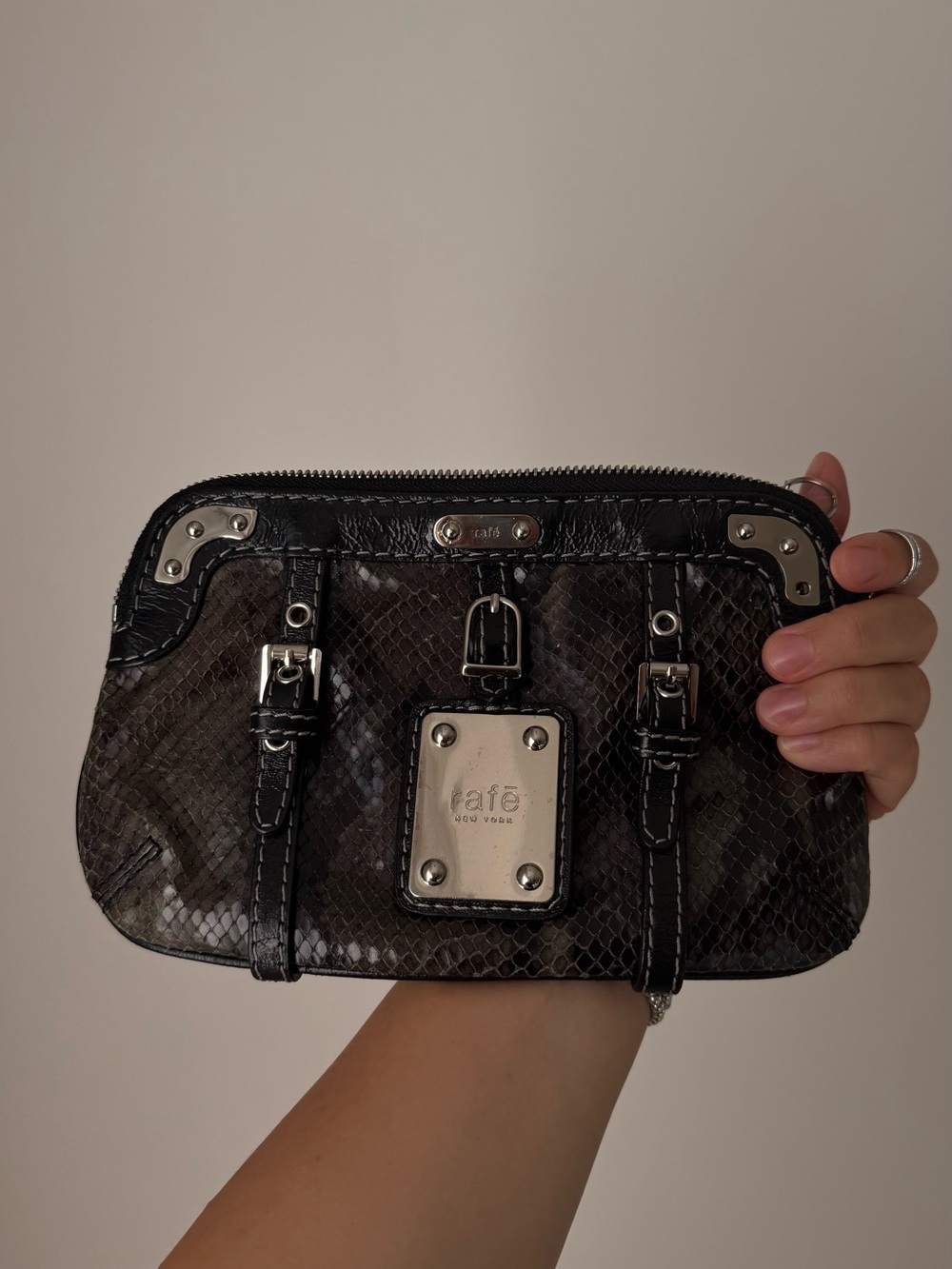 Rafe New York Black and Brown Snakeskin-Effect Wristlet